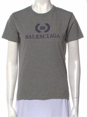 Balenciaga Grey Tee with Navy Logo and Laurel